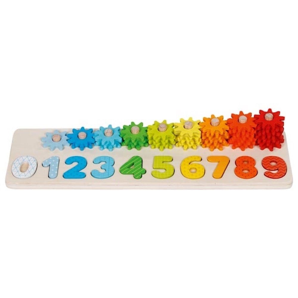 goki Lernspielzeug Sortierspiel Lerne Zählen mit Zahnrädern Holzspiel Lernspiel (Set, 55-St., 1), Die Auge-Hand-Koordination und Feinmotorik gefördert.