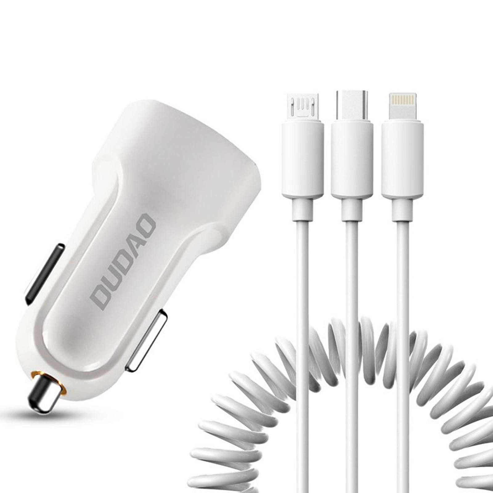 Dudao R7 Handy KFZ Ladegerät USB A micro USB C Lightning Smartphone-Ladegerät (2400 mA, Handy KFZ 2 Port micro USB A USB C Lightning Auto Schnell Ladeadapter)