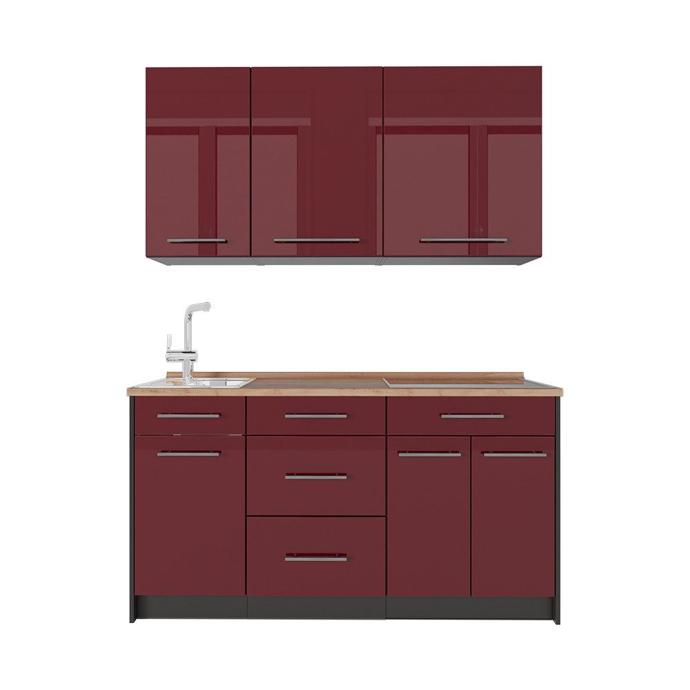 Vicco Küchenzeile Fame-Line, Bordeaux Hochglanz/Anthrazit, 150 cm, AP Eiche