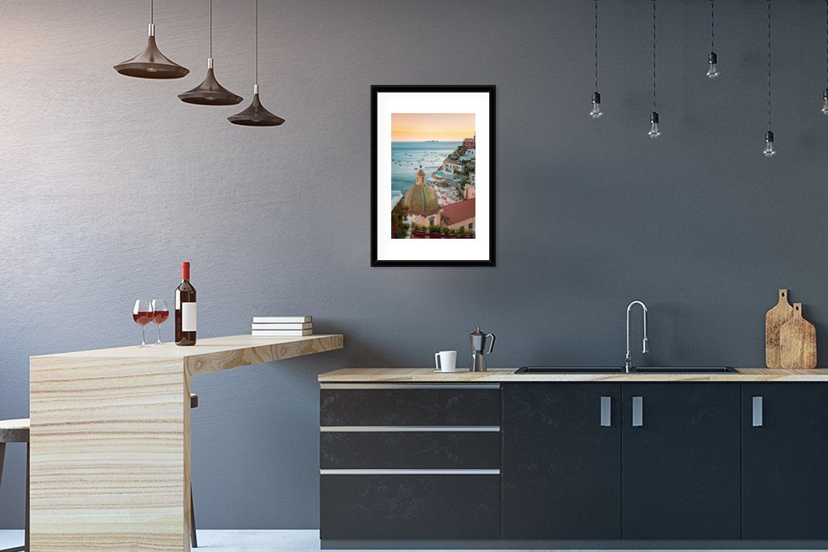 MuchoWow Poster Italien - Positano - Meer, (1 St), mit Rahmen, Kunstdruck, Gerahmtes Poster, Schwarzem Bilderrahmen