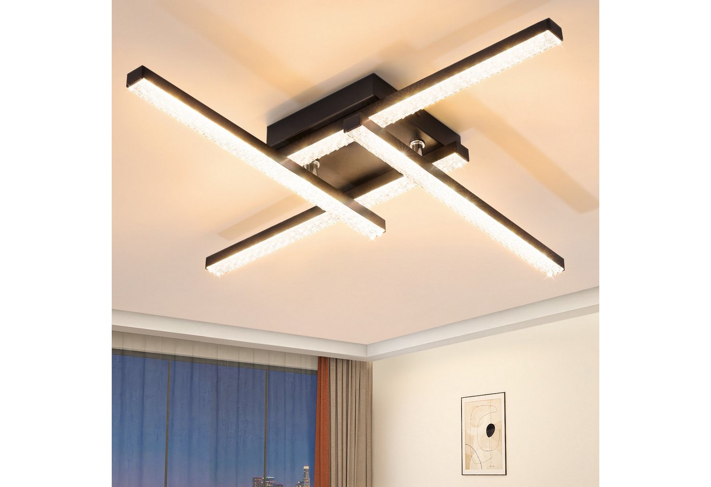 Nettlife LED Deckenleuchte Flur Wohnzimmer Schwarz moderne Kristall Deckenlampe 12/24W, LED fest integriert, Warmweiß, Kristalle 24W 45.5*45.5*7.3cm für Wohnzimmer Flur Schlafzimmer