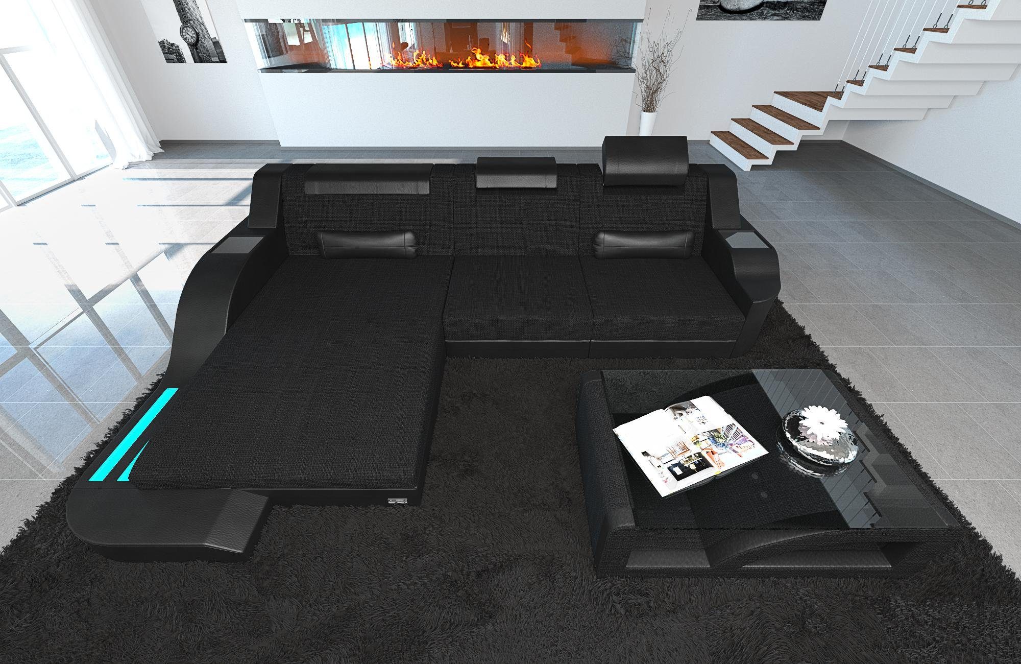 Polstersofa Dreams Schwarz-Schwarz ausziehbare H14 Sofa LED, Stoff L Ecksofa Couch Designersofa mit Palermo Stoffsofa Form, Bettfunktion,