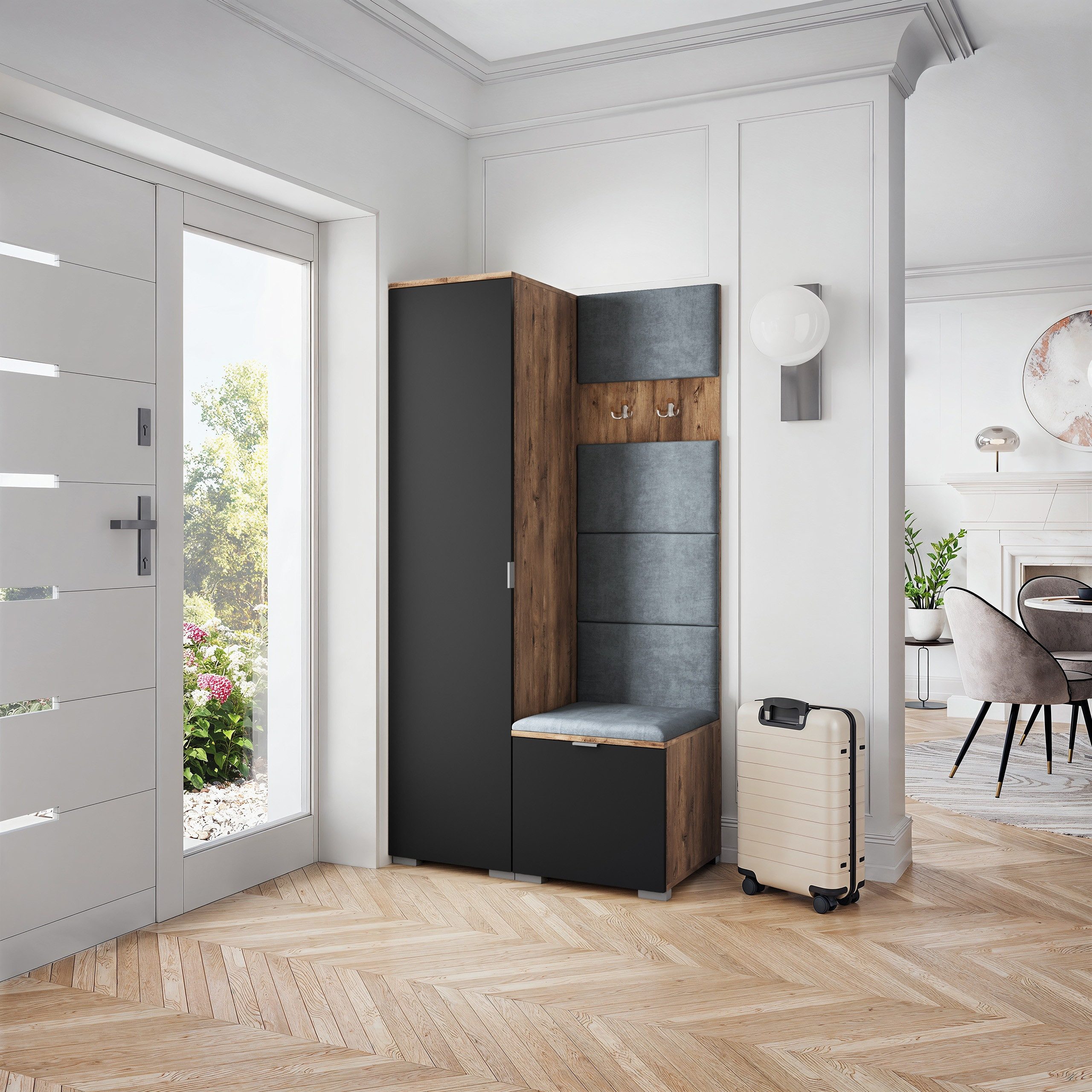 Masseno Garderobenschrank LORI 95 x 181 cm Garderoben-Set mit 1 Tür Eiche Lefkas
