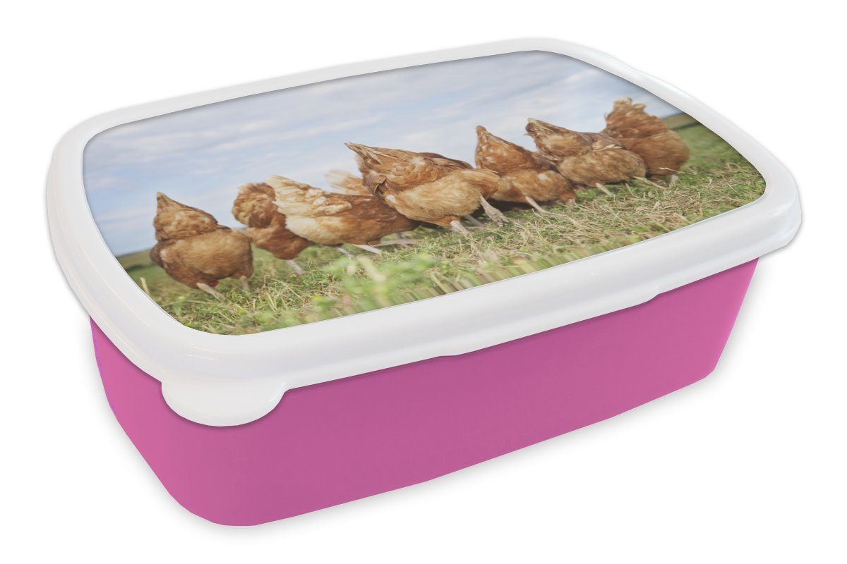 MuchoWow Lunchbox Hühner auf dem Feld, Kunststoff, (2-tlg), Brotbox für Erwachsene, Brotdose Kinder, Snackbox, Mädchen, Kunststoff rosa