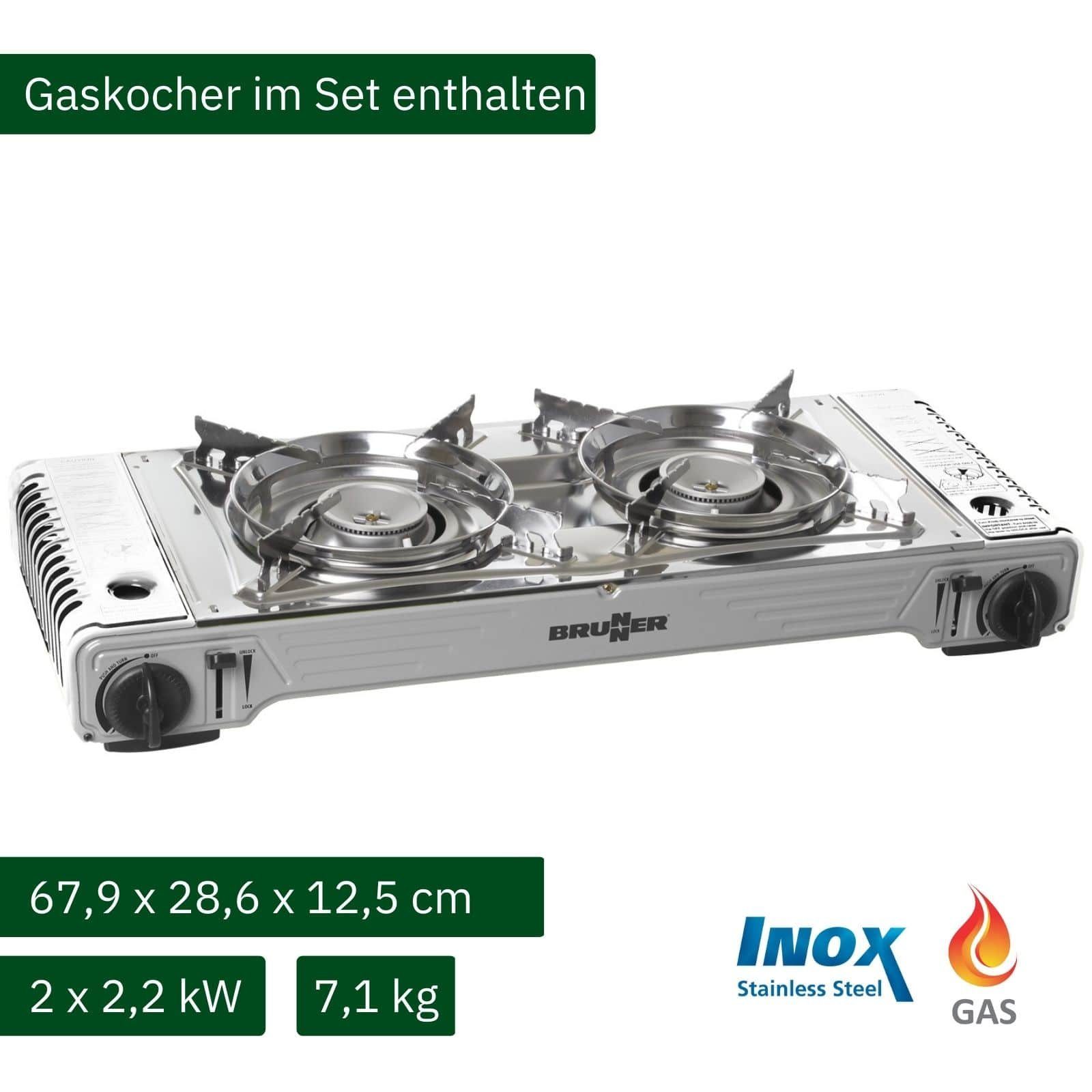 BRUNNER Gaskocher BRUNNER DEVIL DOUBLE GRILL Campingkocher Set Zweiflammig, Vielseitig, (Gaskocher + Alu-Kasserolle)
