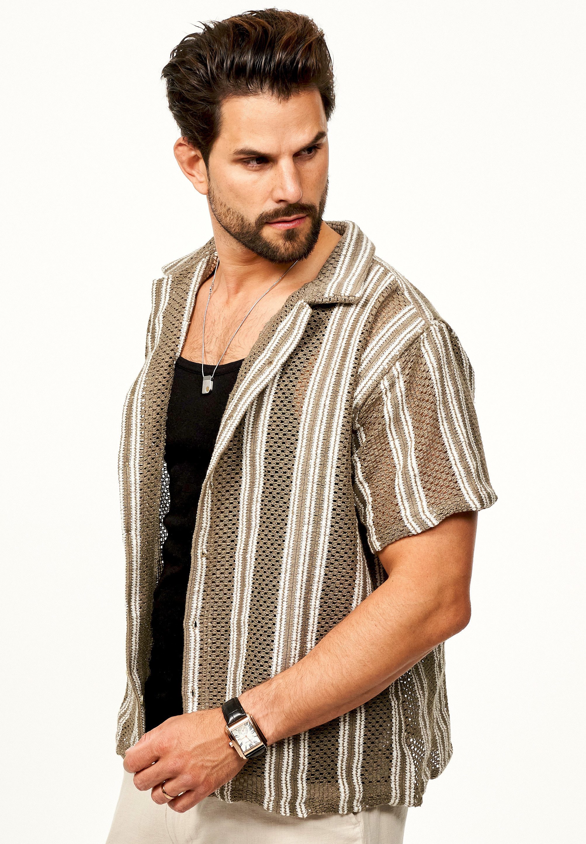 SOULSTAR Kurzarmhemd für Herren Strick Polo Hemd im Retro-Look Overshirt im Regular-Fit Freizeithemd T-Shirt
