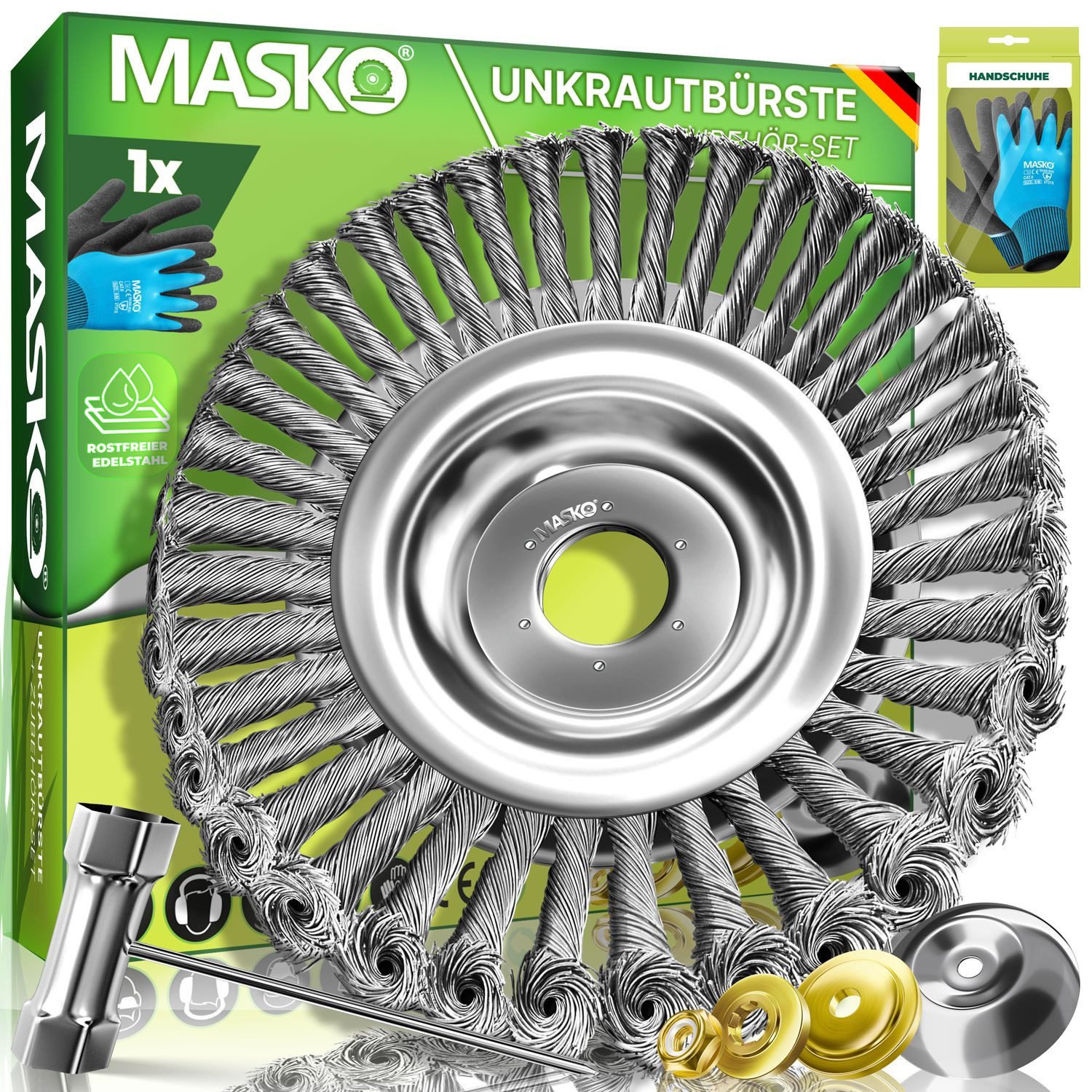 MASKO Ersatzbürste Unkrautbürste für Freischneider & Motorsense 25,4 & 20mm Bohrung, Freischneider, (Wildkrautbürste Edelstahl Bürste inkl. Montagezubehör-Set & Handschuhe), Drahtbürste zur effektiven Unkrautentfernung ua. kompatibel mit Stihl