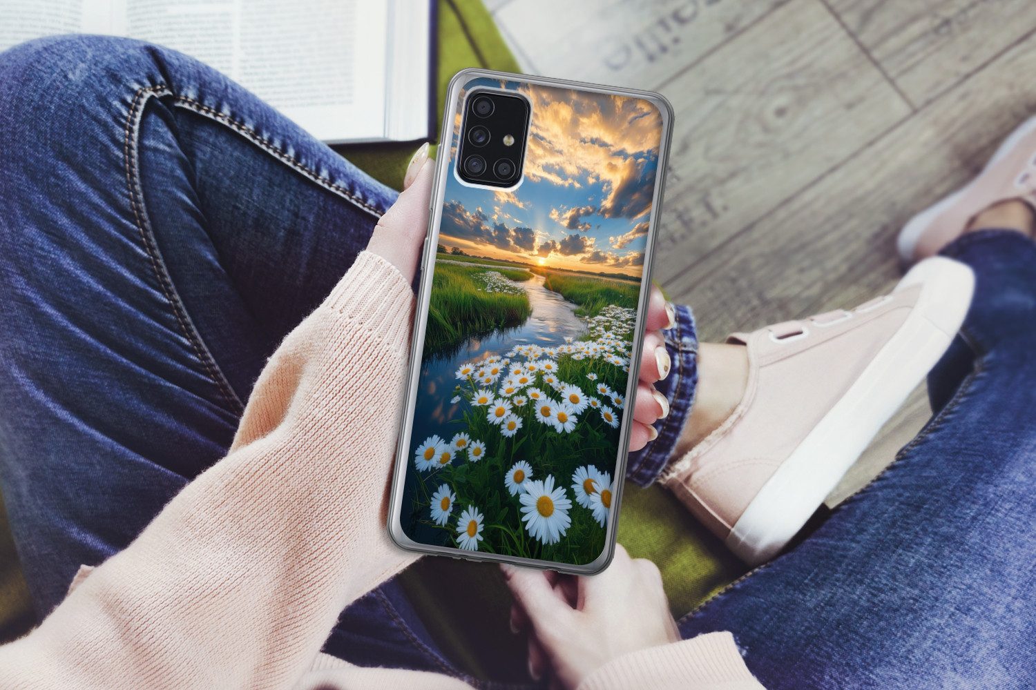 MuchoWow Handyhülle für Samsung Galaxy A52 5G Strom - Landschaft - Gänseblümchen, Smartphone-Bumper, Print, Handy Schutzhülle Dünn