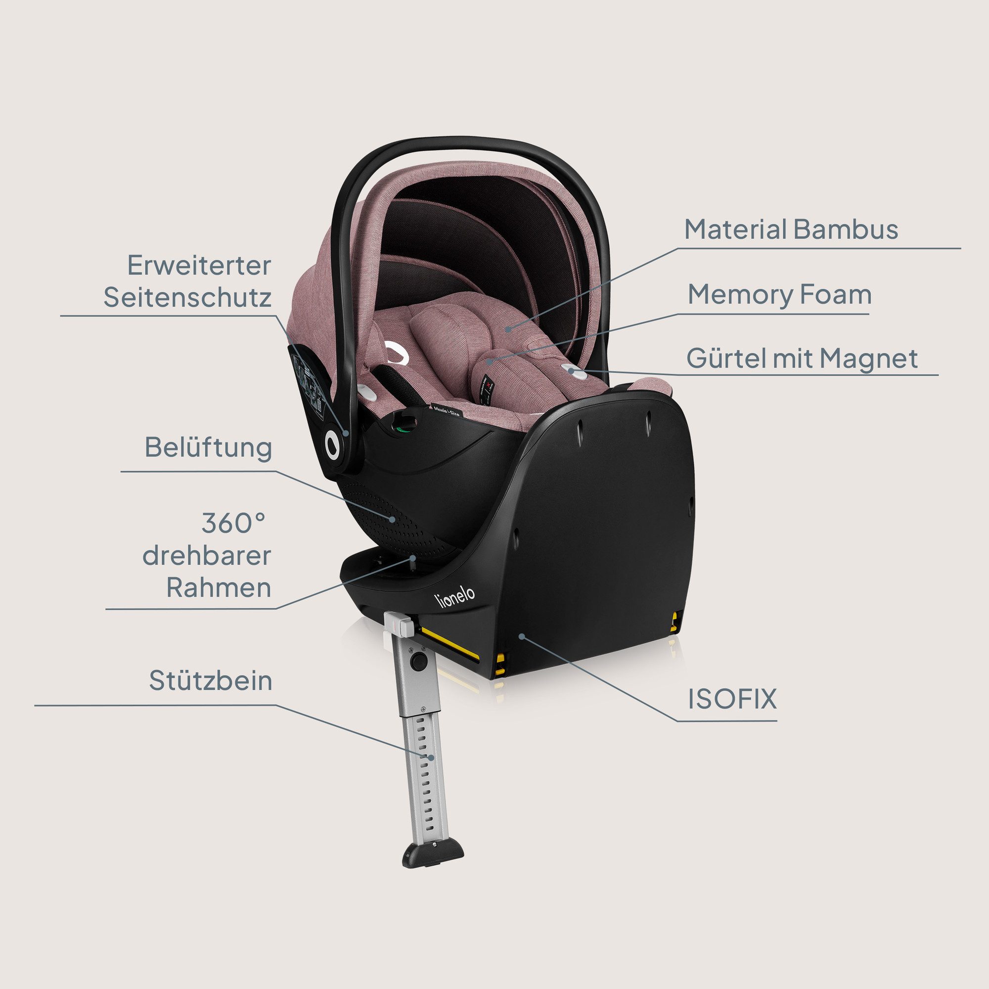 lionelo Autokindersitz MOXIE I-SIZE SET, ab: ab Geburt, bis: bis 87 cm, ab: 40 cm, bis: 87 cm, (Set mit 360°-Basis), Inklusive 360°-Basis/Memory Foam/Bambus/Dri-Seat/Magnetgurte