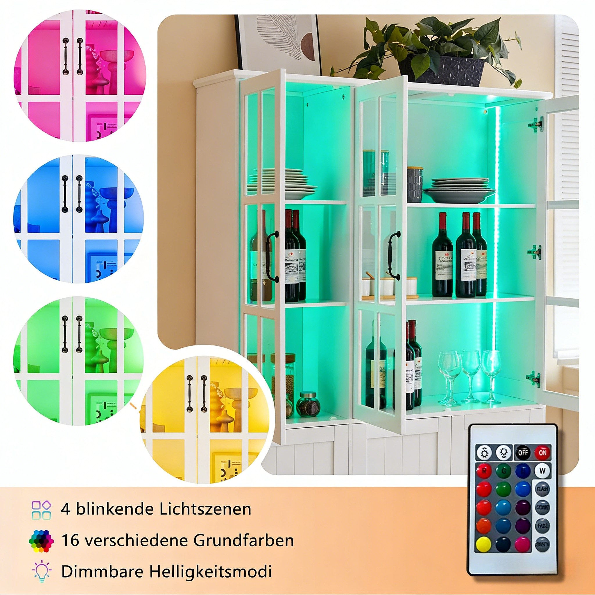 AMERLIFE Vitrine mit LED Beleuchtung, 6 Türen, 8 Einlegeböden, 117x40x180 cm, Weiß (1-St) Hochschrank, Mehrzweckschrank, Stauraumschrank