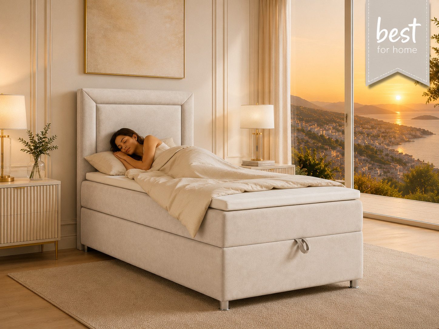 Best for Home Boxspringbett Trinity K-3 SINGLE mit Bettkasten & ca. 5 cm Topper (Einzelbett, Polsterbett mit gepolstertes Kopfteil, Jugendbett, Kinderbett versch. Größen, 3-St., 70x200 80x200 90x200 100x200 cm), Einzel-Boxspringbett mit integriertem Bettkasten