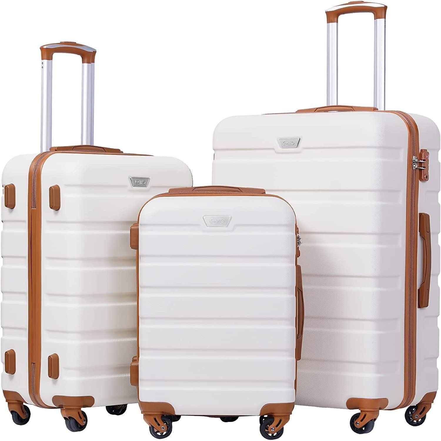 Kofferset Hartschalen-Koffer Trolley Rollkoffer TSA-Schloss 4 Rollen Weiß/Braun