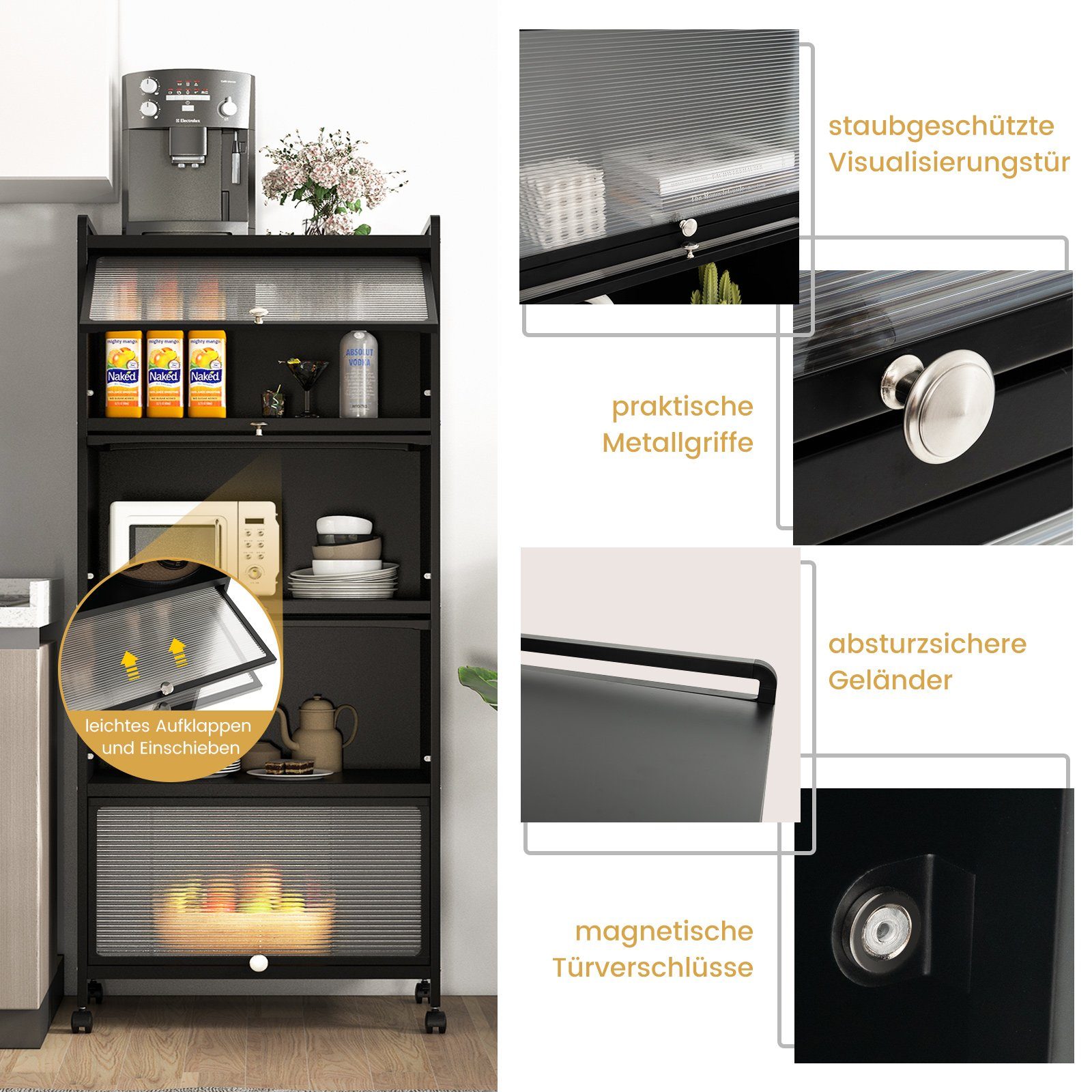 COSTWAY Hochschrank 5-stufig Küchenregal mit aufklappbaren PC-Türen & Rollen – Bild 4 von 5