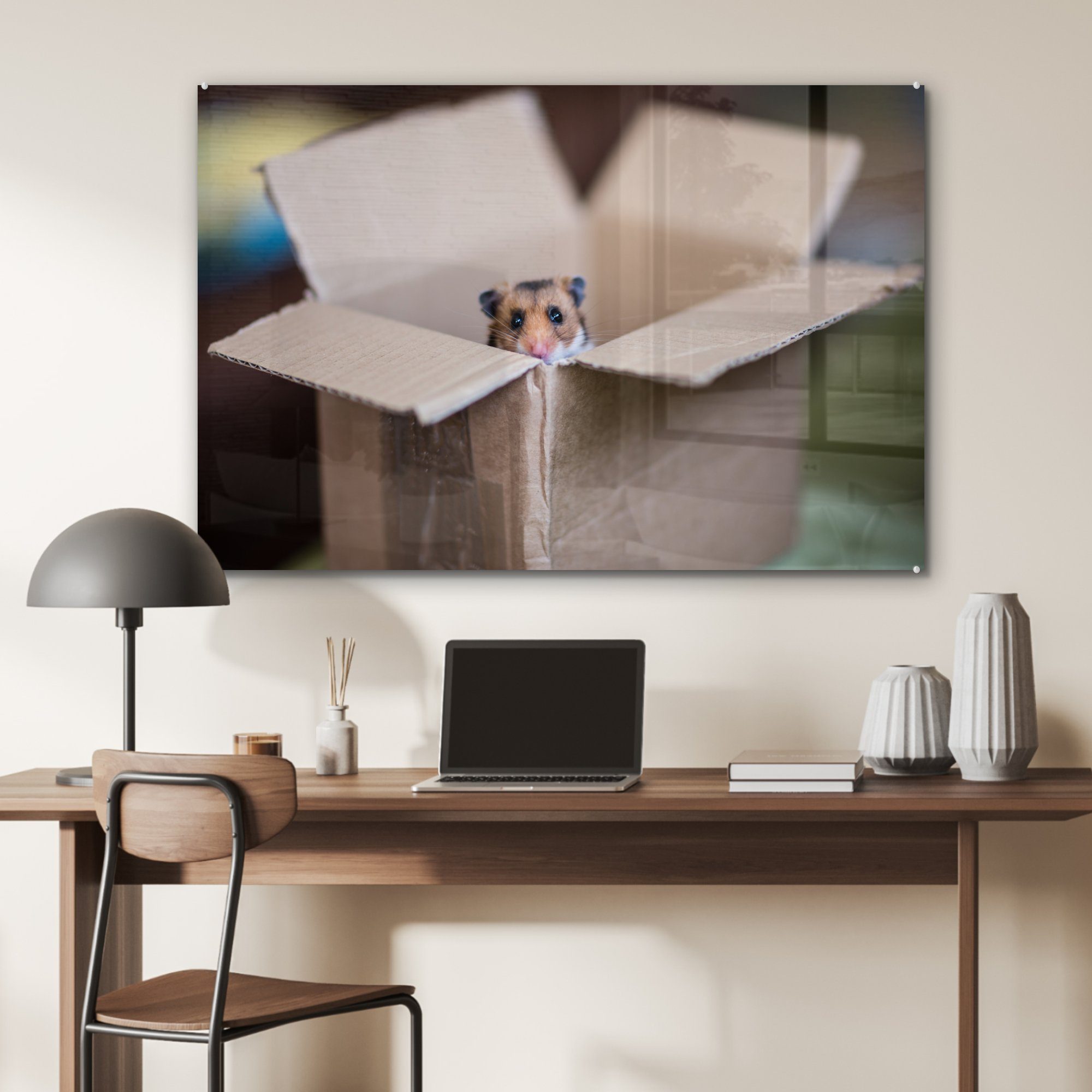 Hamster entsteigt Wohnzimmer Schlafzimmer Acrylglasbilder (1 St), Pappschachtel, einer MuchoWow Acrylglasbild &