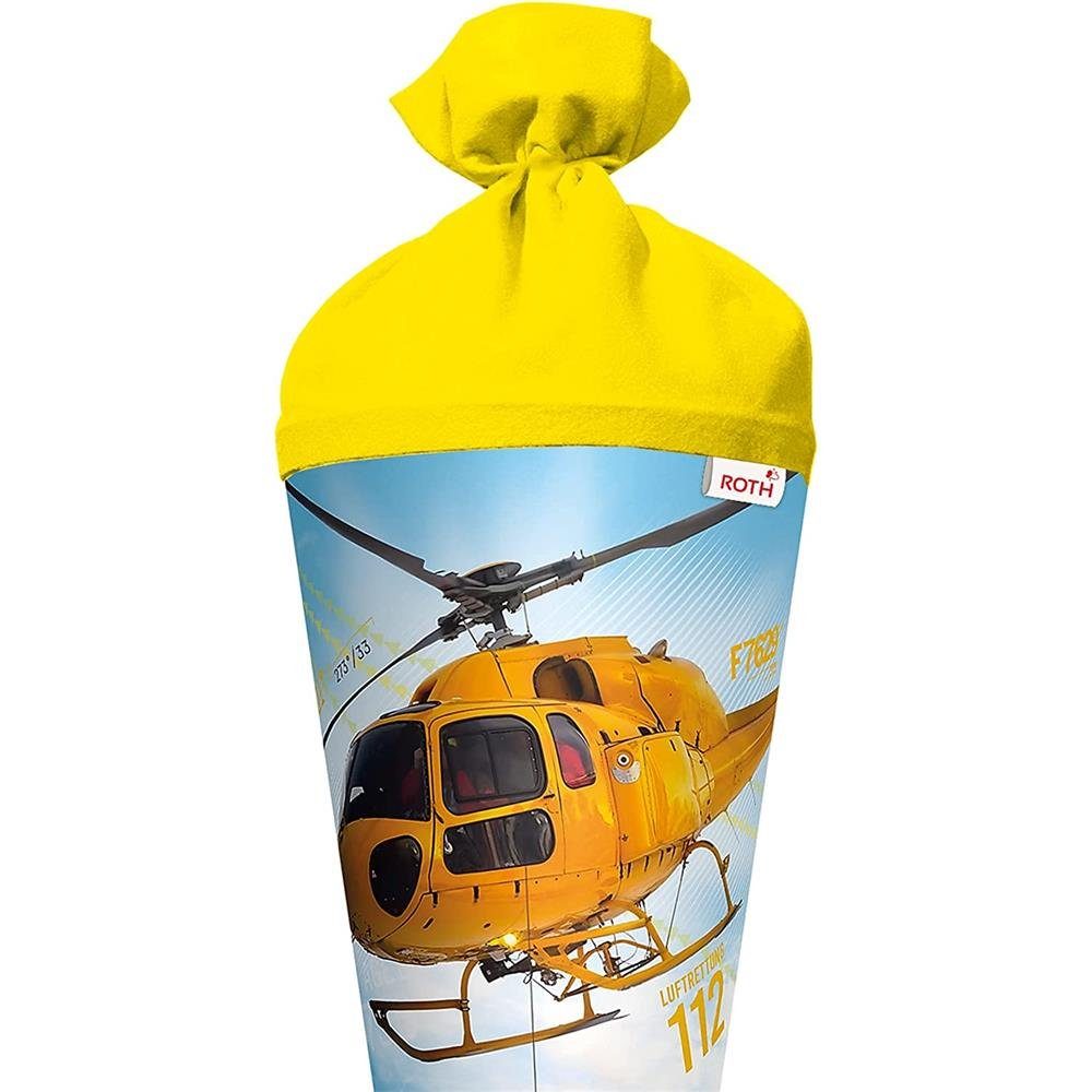 Roth Schultüte Helikopter, 70 cm, rund, mit gelbem Filzverschluss, Zuckertüte für Schulanfang
