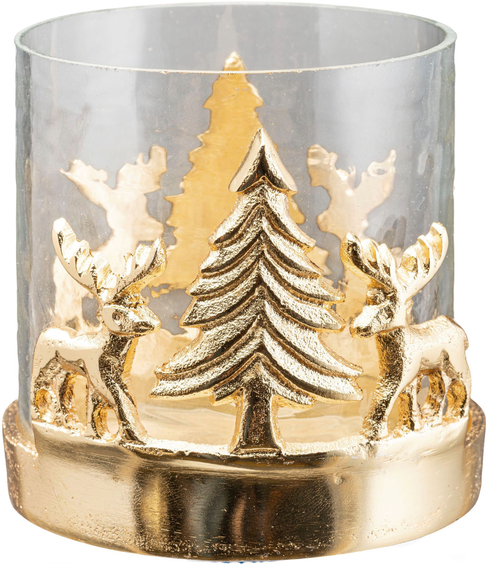 Creativ home Windlicht Kerzenhalter Weihnachtslandschaft, mit Baum und Reh ( Set, 2 St), Teelichthalter, Weihnachtsdeko mit Hirsch und Tanne, Höhe 10 +  15 cm