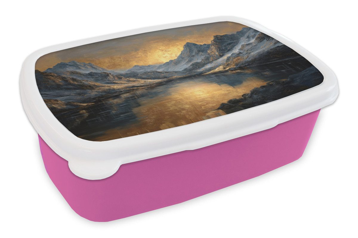MuchoWow Lunchbox Bergkulisse mit goldenem Sonnenuntergang, Kunststoff, (2-tlg), Brotdosen, Lunch Box, Brotbox für Kinder und Erwachsene