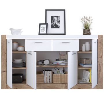 Newroom Kommode Trixy, Kommode Eiche Weiß Matt Modern Sideboard Highboard Wohnzimmer