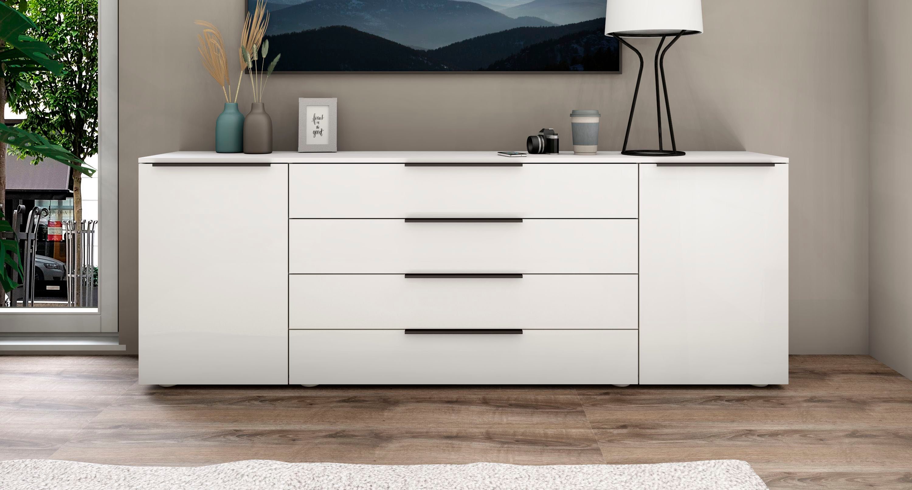borchardt Möbel Sideboard Tom, moderne Kommode mit Metallgriffen, 200cm breit, 2 Türen, 3 Schubfächer, Metallgriffe anthrazit