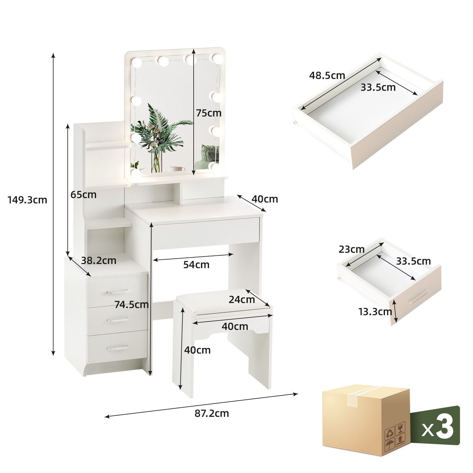 Ofcasa Schminktisch 87x40x144cm Schminkkommode Set (3 günstig online kaufen