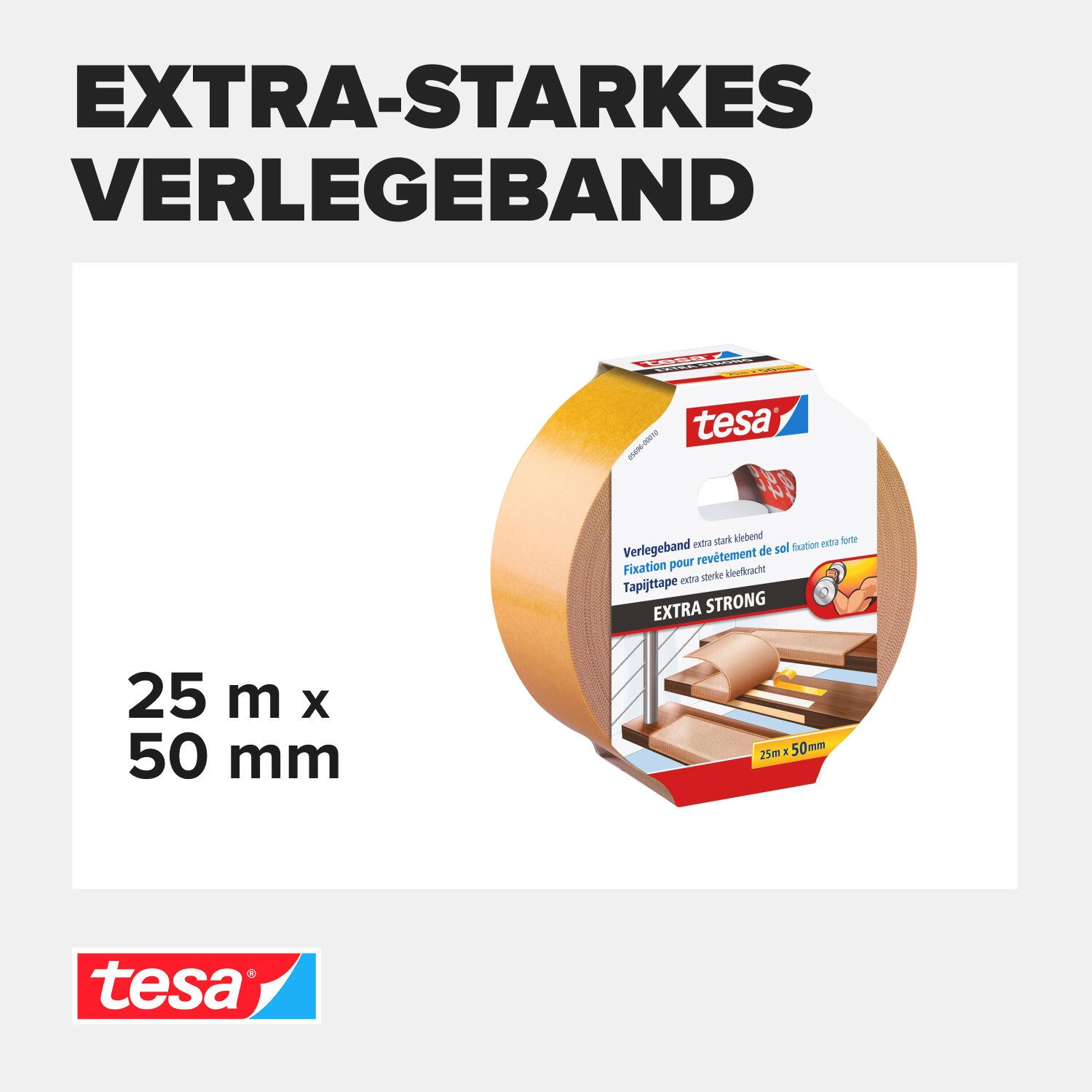 tesa Doppelklebeband EXTRA STRONG Verlegeband (Packung, 1-St) doppelseitiges Gewebeklebeband - zum Verlegen von Teppich & PVC-Boden