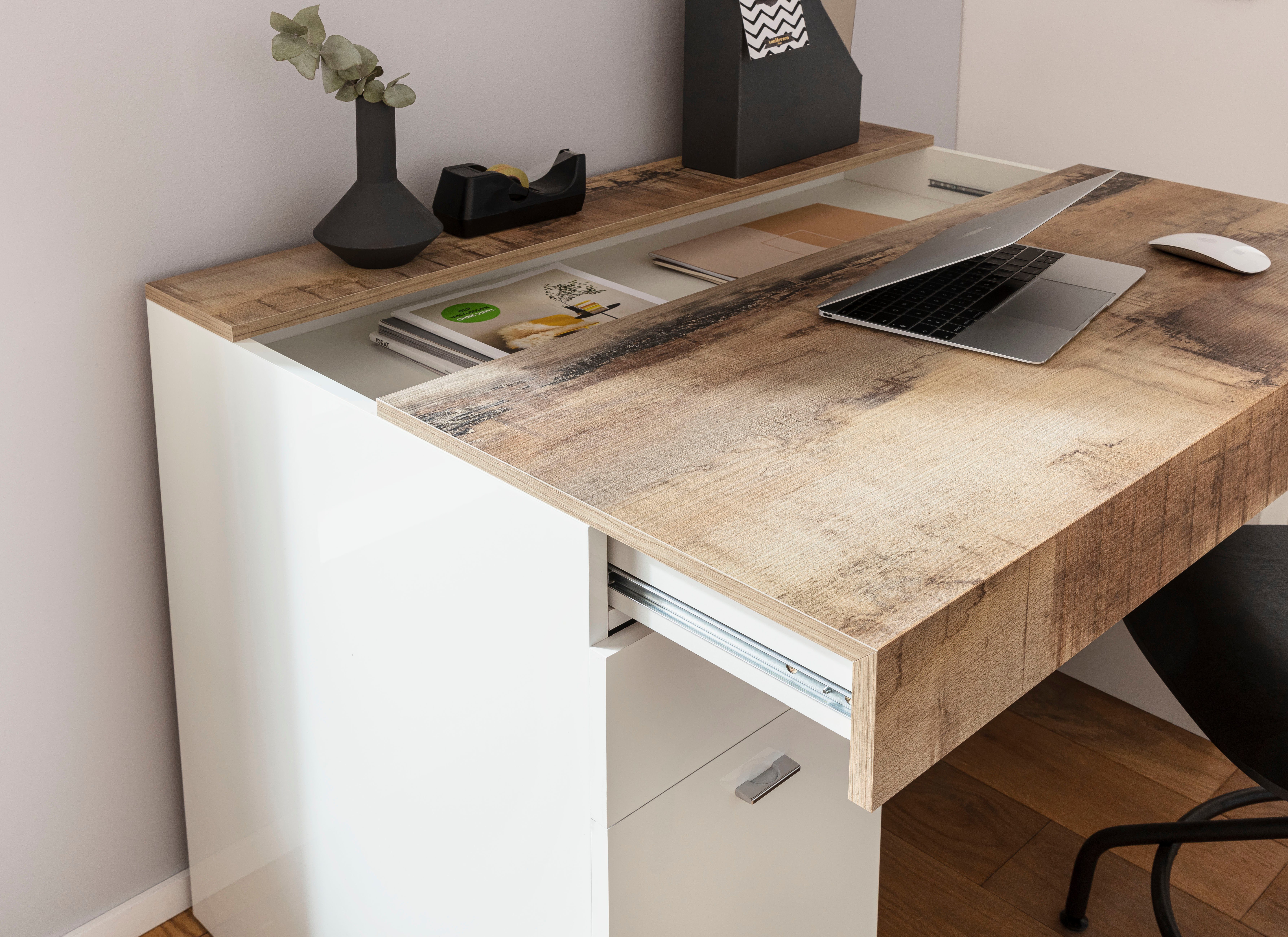 Tecnos Schreibtisch ausziehbar /ahorn Tischplatte ahorn | Sliding, Hochglanz weiß