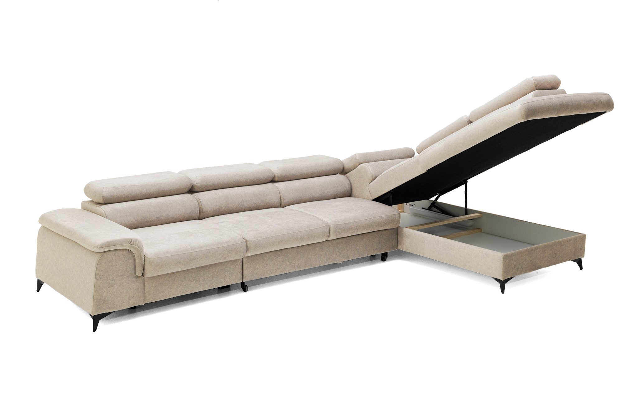Muffo Ecksofa Plaza Maxi, Modernes Große sofa L-form mit Schlaffunktion und Verstellbare Kopfstützen Metallfüße, elegante einfache Form