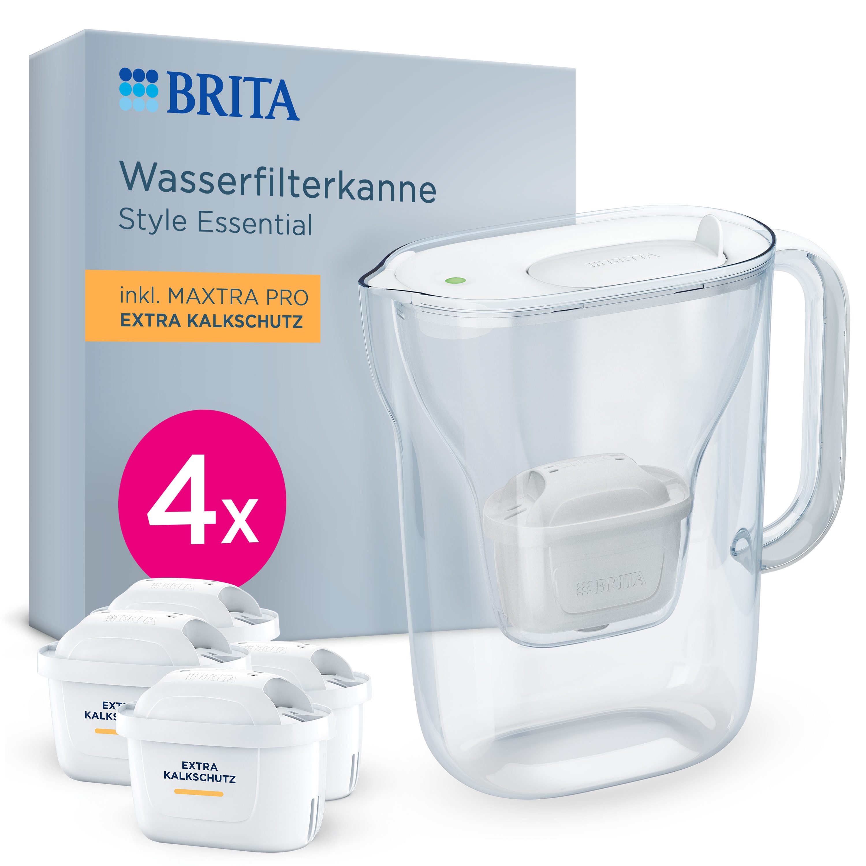 BRITA Wasserfilter Kanne MAXTRA Style Essential weiß (2,4l), 4x Extra Kalkschutz Filter, Filterkanne mit Filterwechselanzeige, Kalkfiltration & Geräteschutz