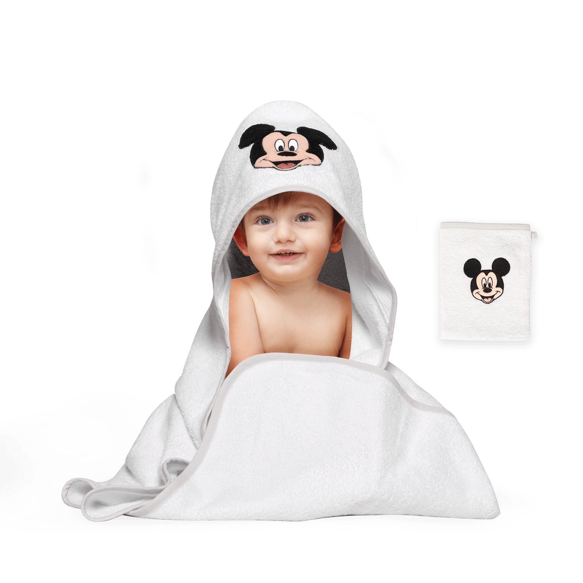 Disney Kapuzenhandtuch Disney Baby Kapuzenhandtuch Set, 2-teiling, 100% Baumwolle, Kapuzenhandtuch mit Waschlappen Mickey
