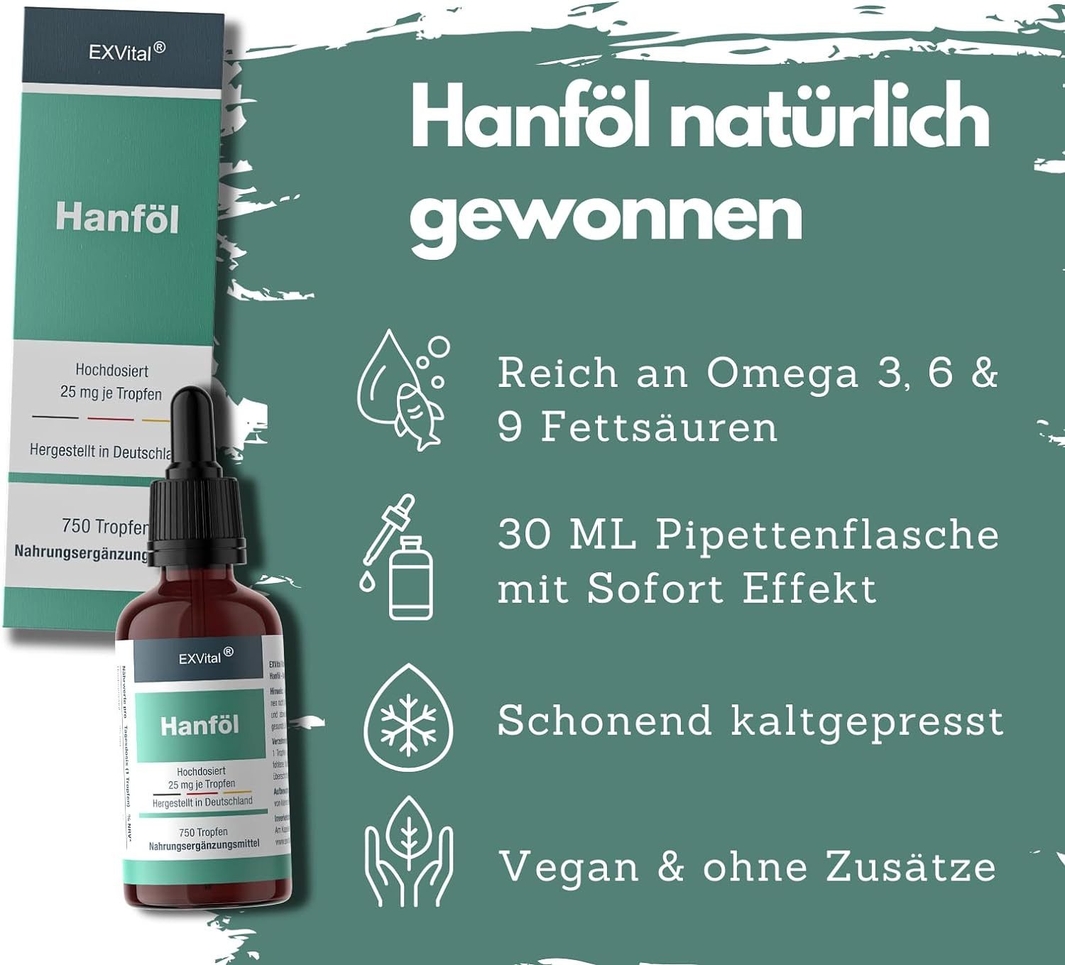 Hanfsamenöl 25mg mit Omega 3-6-9 Fettsäuren, kaltgepresst, 750 Tropfen Tropfen, 30 ml