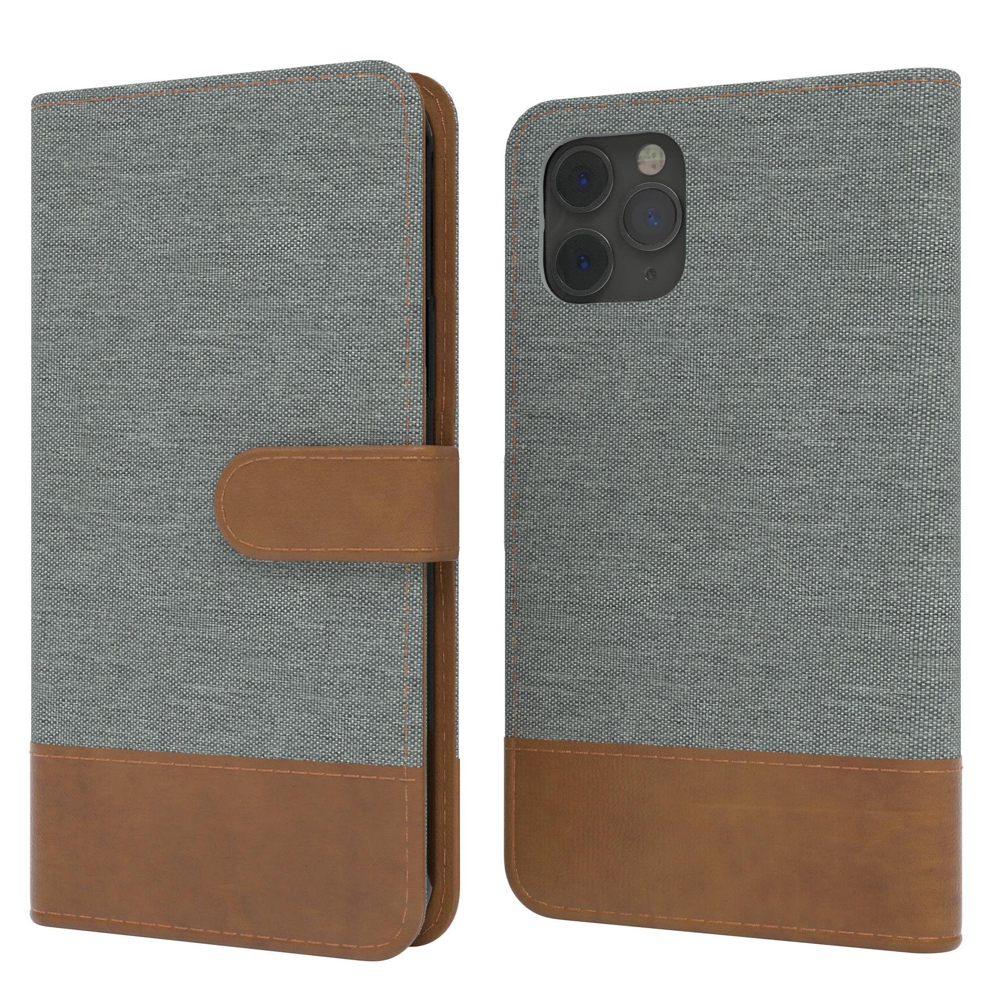 EAZY CASE Handyhülle Bookstyle Jeans für Apple iPhone 11 Pro 5,8 Zoll, Stoff Schutzhülle Kunstledercase mit Kartenfach Klappetui Hell Grau