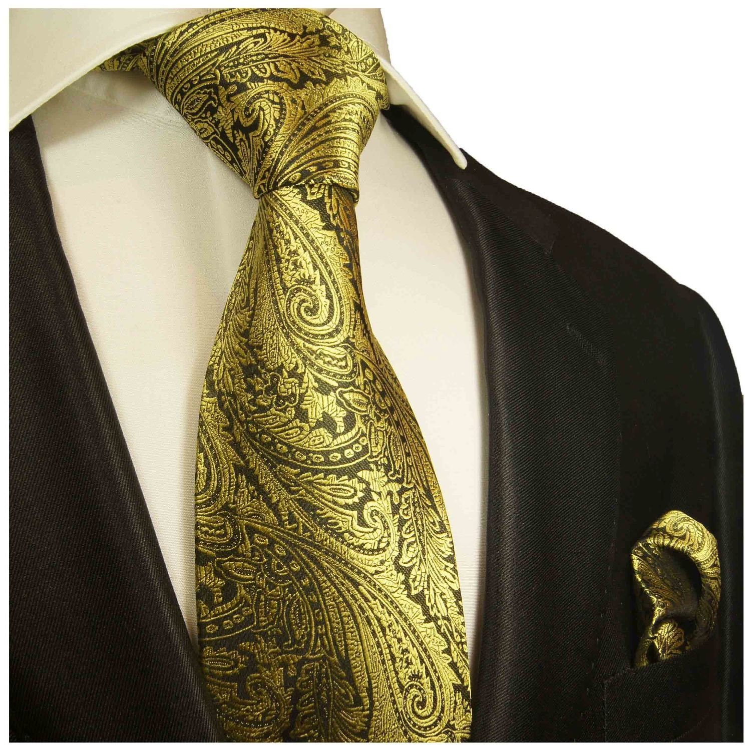 mit schwarz gold floral Paul Breit (8cm), Seidenkrawatte mit Seide paisley Krawatte Tuch Herren Einstecktuch) 2-St., Krawatte (Set, Malone 358 100% modern