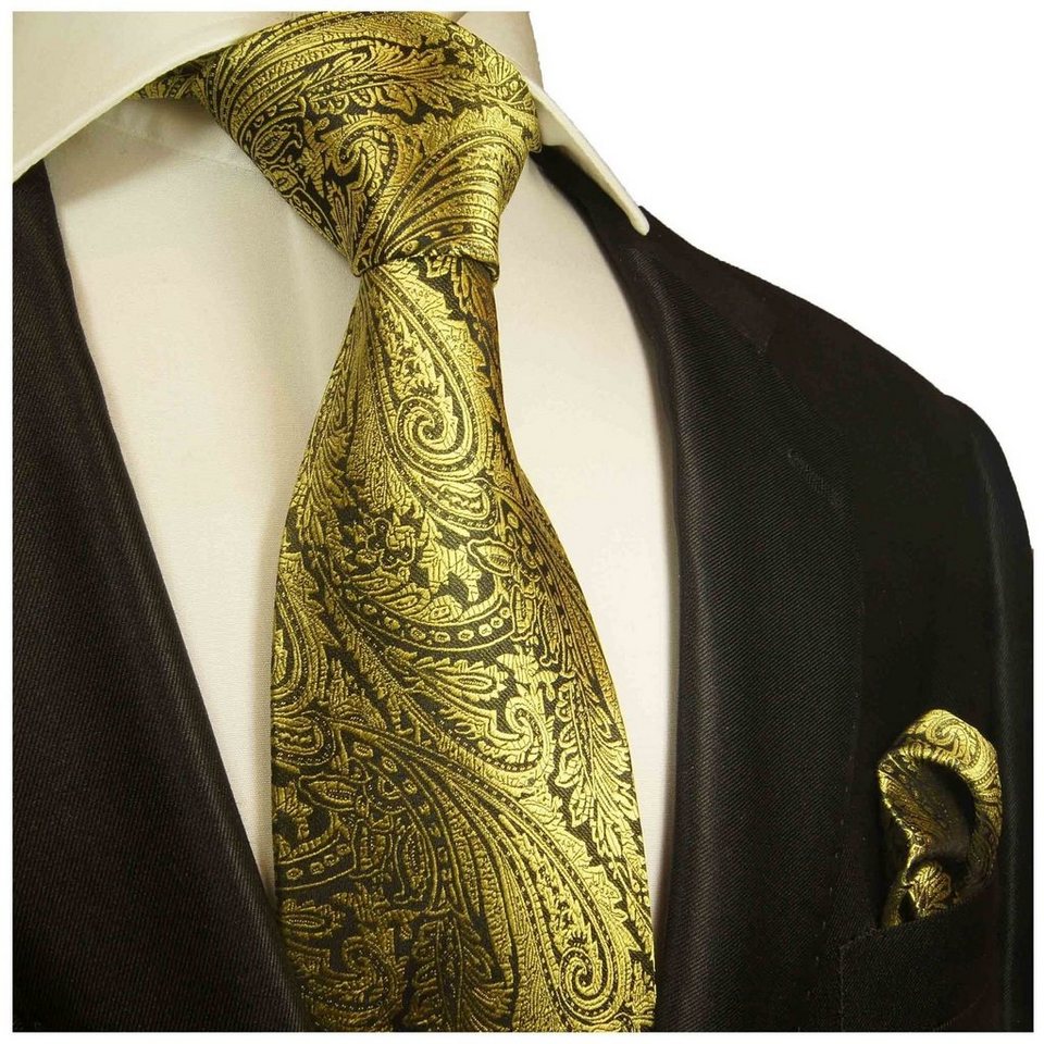 Paul Malone Krawatte Herren Seidenkrawatte mit Tuch modern paisley floral  100% Seide (Set, 2-St., Krawatte mit Einstecktuch) Breit (8cm), gold  schwarz 358