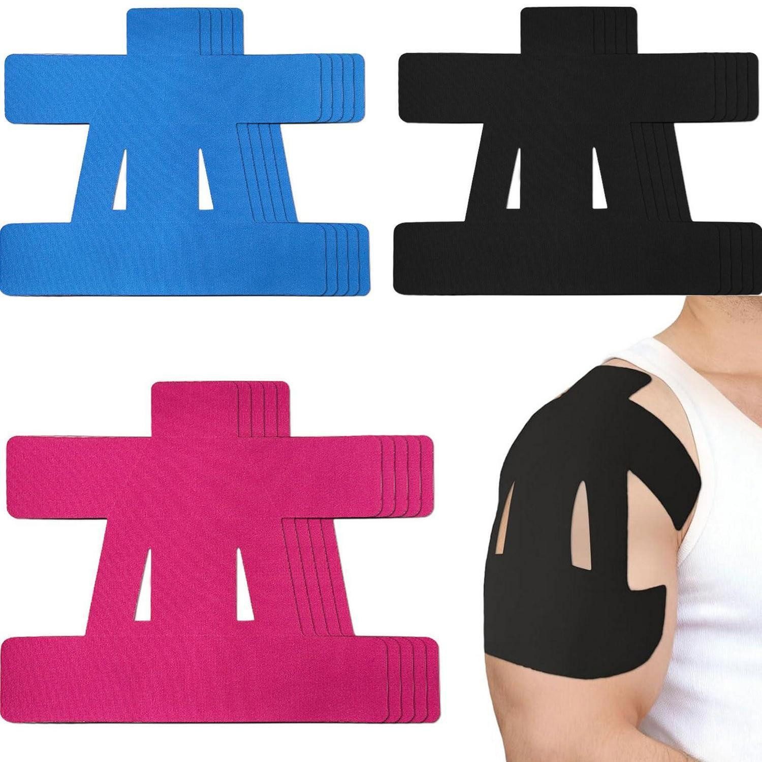 LuxusKollektion Schulterbandage Kinesiotape Precut 12 Stück Schulter Tape Schwarz+blau+rosa