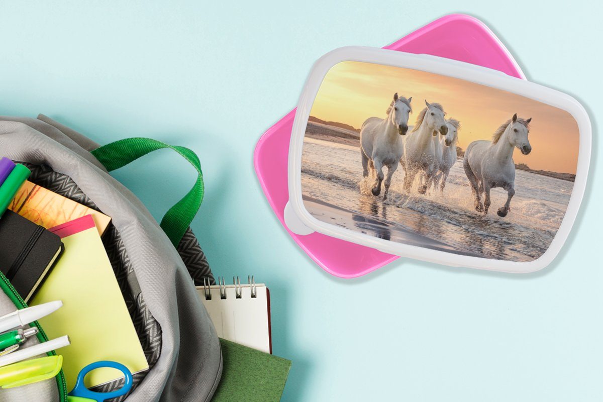 MuchoWow Lunchbox Pferde - Sonne - Meer - Strand - Tiere, Kunststoff, (2-tlg), Brotdosen, Lunch Box, Brotbox für Kinder und Erwachsene