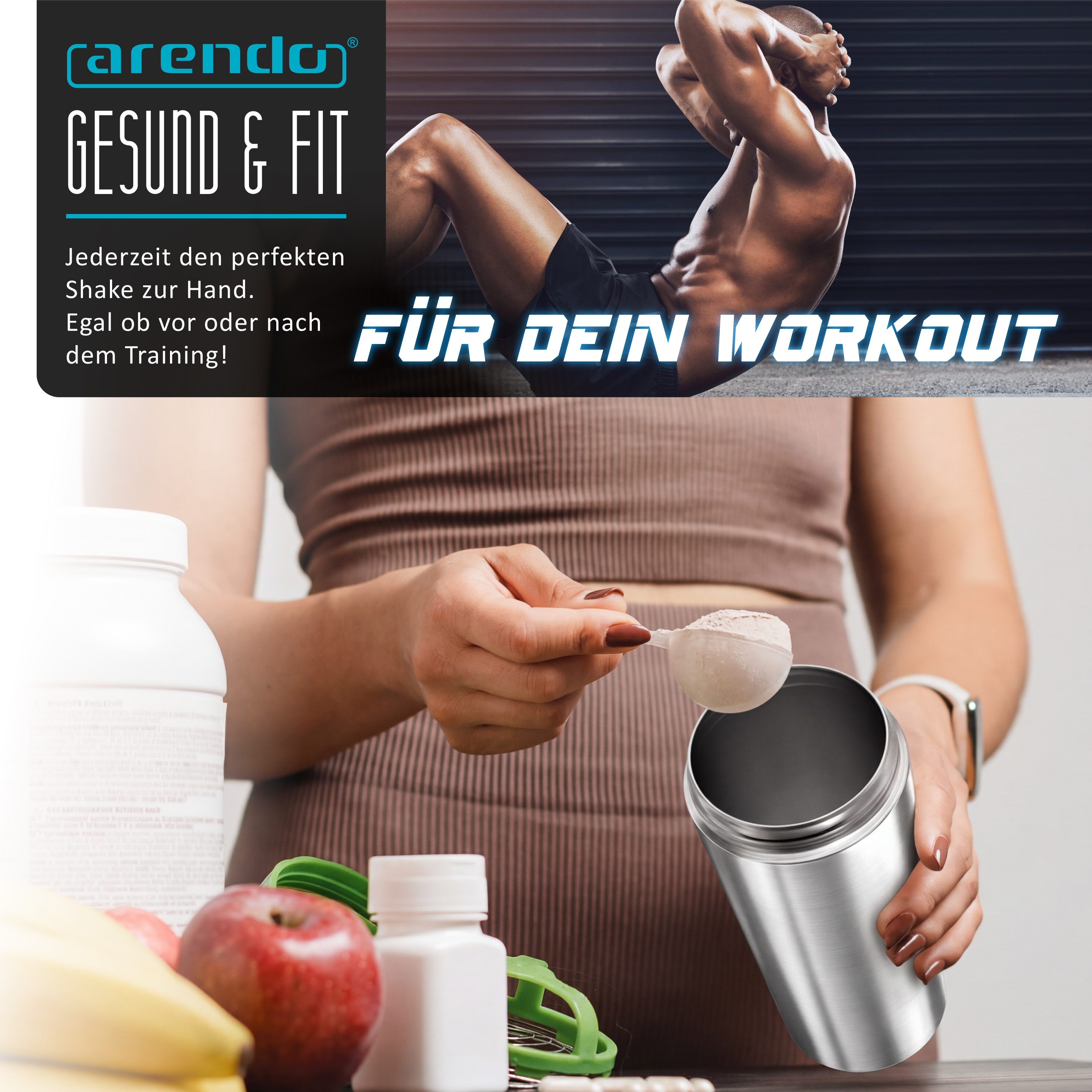 Arendo Protein Shaker Edelstahl Eiweißshaker 750 ml, verschließbar, bruchfest, BPA-frei, Edelstahl, (1-tlg), auslaufsicher, spülmaschinengeeignet, mit Tragegrif – Bild 5 von 5