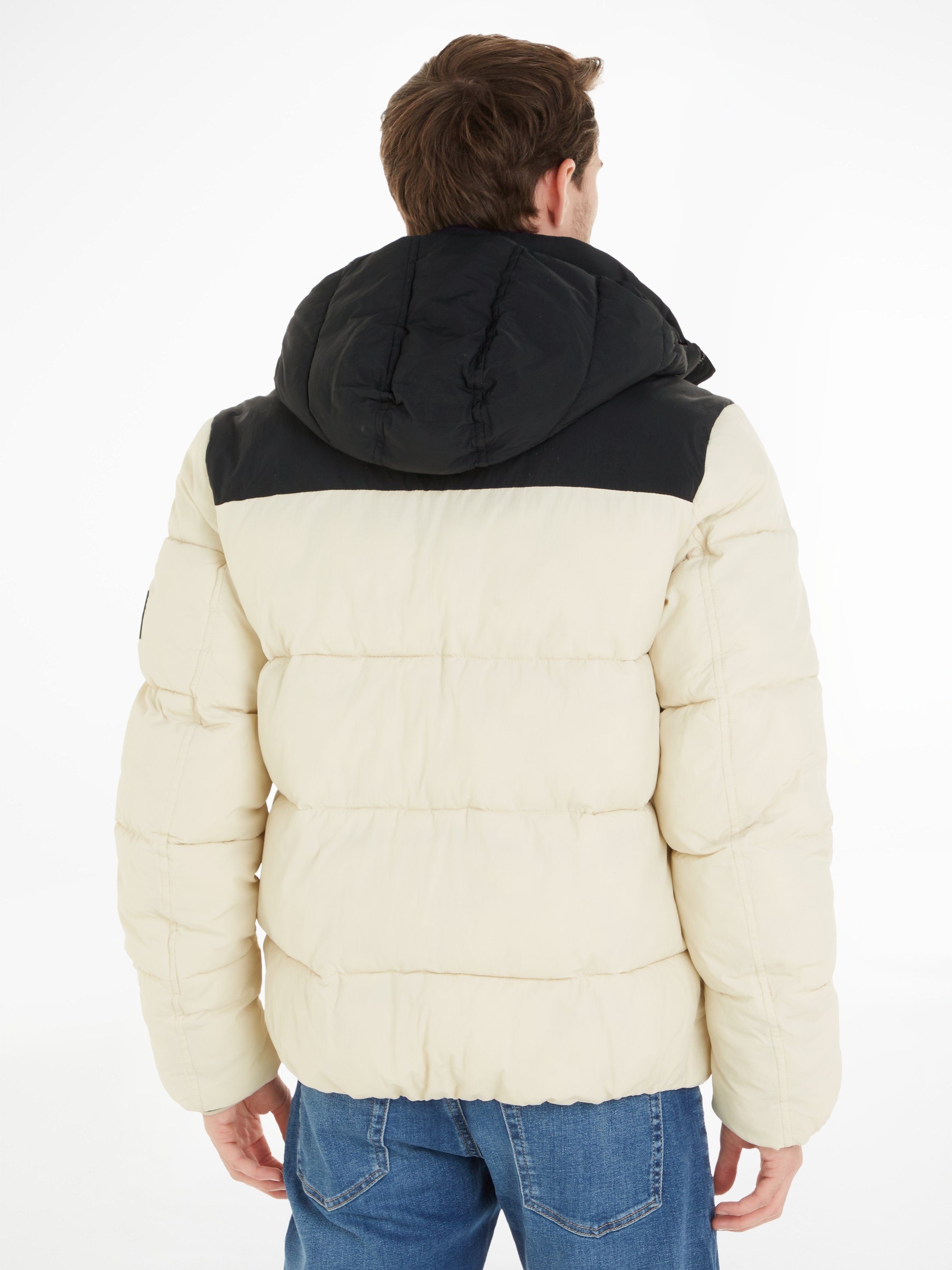 Calvin Stony PUFFER mit Steppjacke COLOR BLOCK CRINKLE Beige NYLON Klein Markenlabel