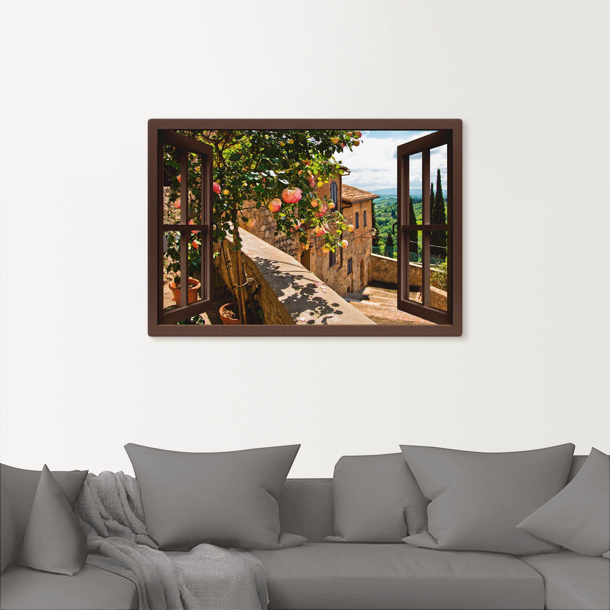 Artland Wandbild Fensterblick Rosen auf Balkon Toskana, Garten (1 St), als günstig online kaufen