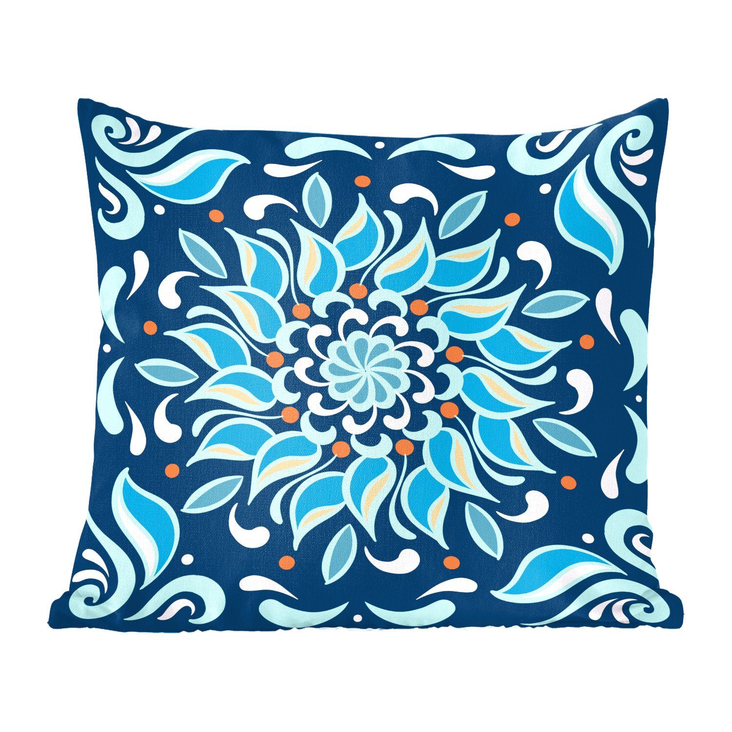 MuchoWow Dekokissen Blume - Blau - Quadratisch - Muster, Zierkissen mit Füllung für Wohzimmer, Schlafzimmer, Deko, Sofakissen
