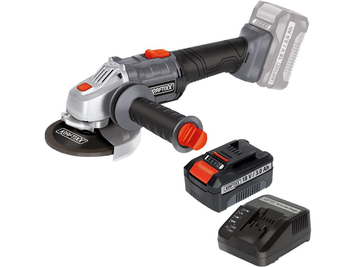 KRAFTIXX® Winkelschleifer KX-WS 18 Li, max. 8500 U/min, (Set, 3 tlg), inkl. 3,0 Ah Akku, kompatibel mit Einhell Power X-Change Akkusystem