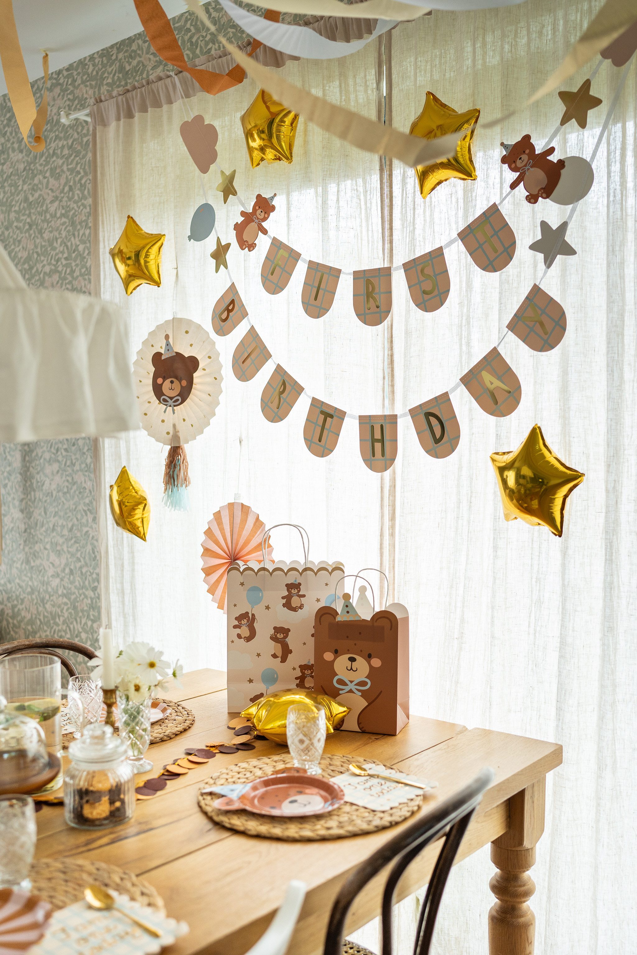 partydeco Papierdekoration, Geschenktüte Bär mit Henkel 18x10x29cm Braun / Blau