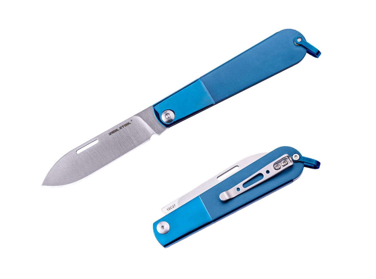 Real Steel Taschenmesser Real Steel Real Barlow RB-3 Drop Point, Taschenmesser, blau, (1 St), Praktischer Hosenclip; große Fangriemenöse