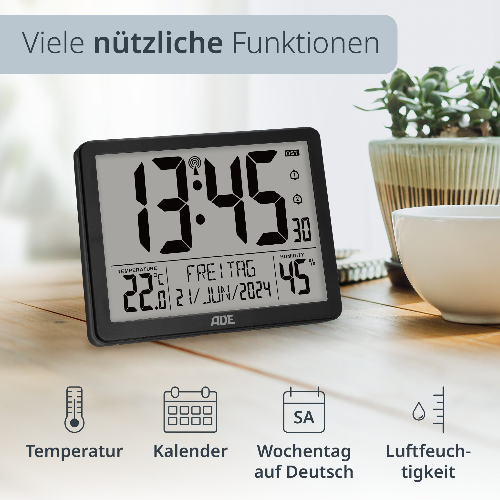 ADE Funktischuhr Digital, Tischuhr & Wanduhr mit XL-Display & großen Ziffern, Funk Funkuhr mit Hygrometer, Datum & Wochentag, inkl. 2 AAA Batterien