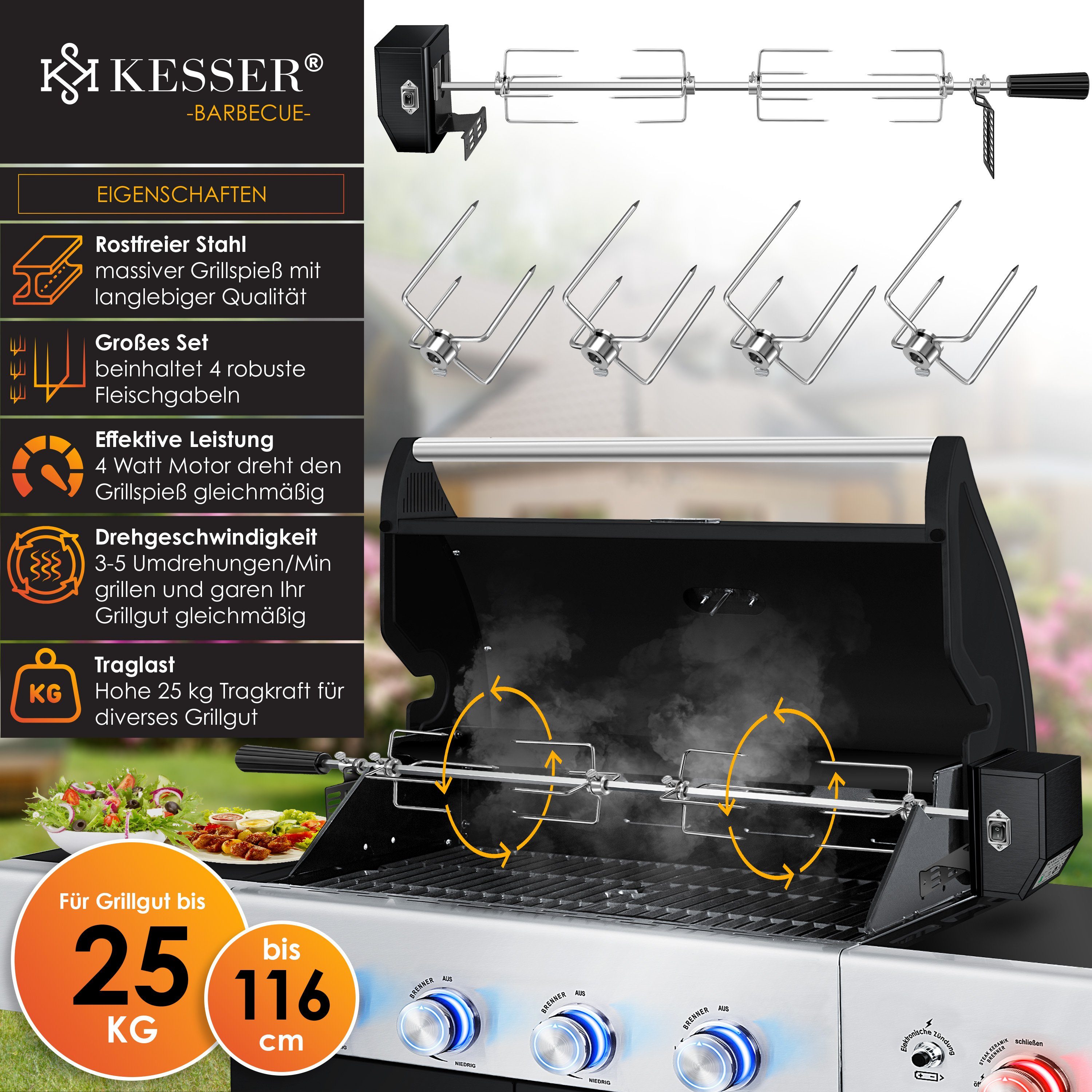 KESSER Grillspieß Set 116cm – Motor, 4 Fleischgabeln, bis 25kg Tragkraft, Für Gas-, Kohle- & Smokergrills, hitzefester Griff, ruckelfrei