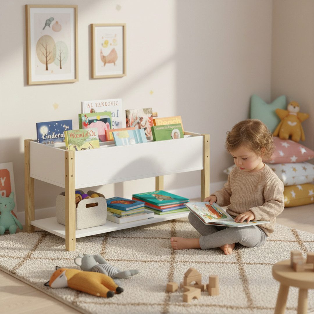 Bellabino Kinderregal Teme mit Fächern und Ablagefach, Bücherregal, Spielzeugregal aus Holz, 4 Fächer für Bücher, 1 Ablagefach für Spielzeug, weiß/natur