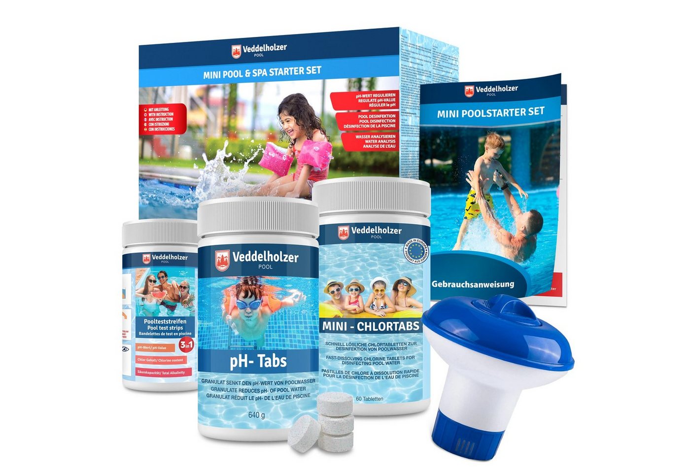 Veddelholzer Poolpflege Mini 4 in 1 Reinigungsset Pool & Spa Poolreiniger, (4 in 1 Poolreiniger, Chlor Mini Tabs, 1 Dosierschwimmer, Pooltester, pH Senker), Anwendung in kleinen Pools & Whirpools ausgelegt
