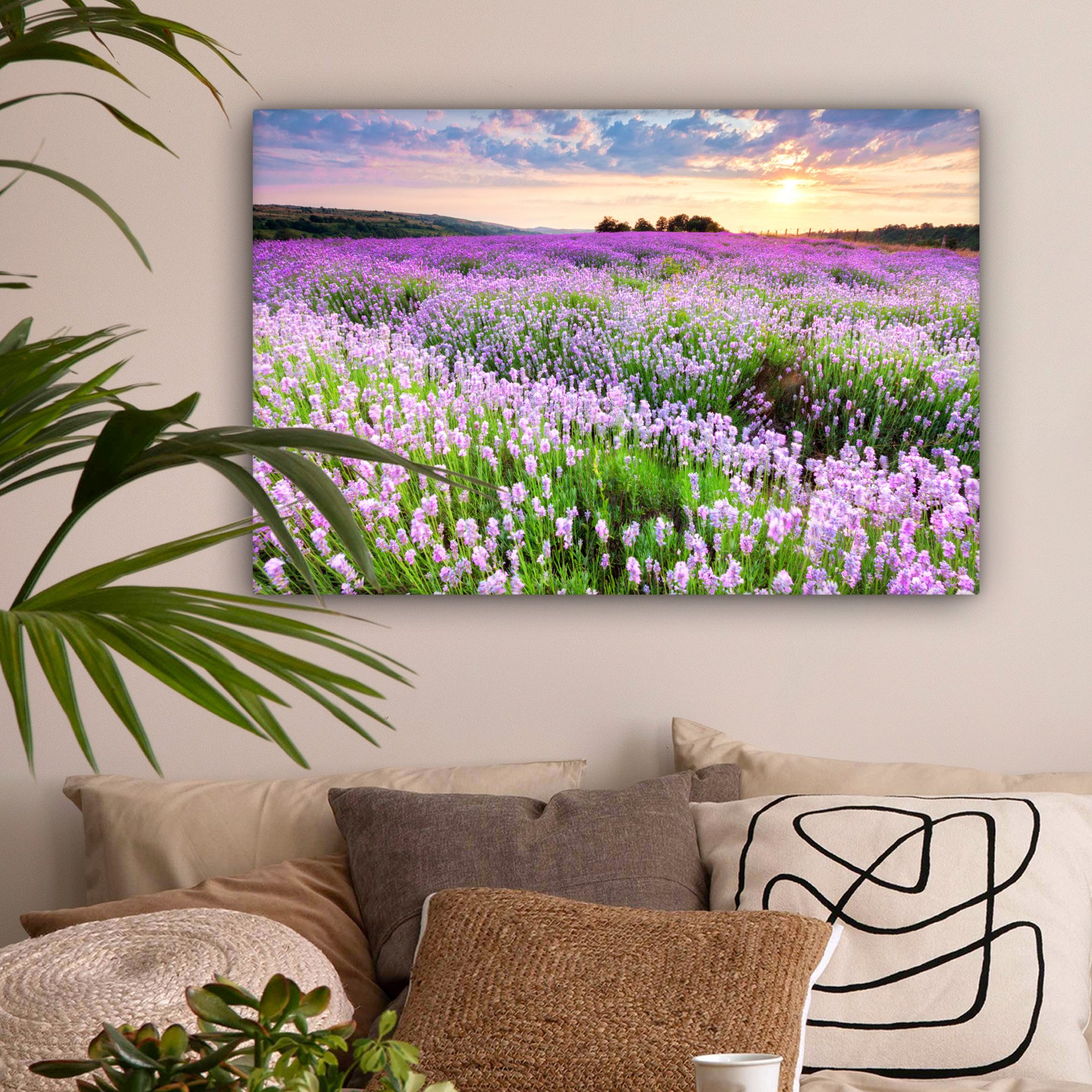 OneMillionCanvasses® Leinwandbild Blumen - Lavendel - Lila - Himmel - Sonnenuntergang - Wiese - Natur, Fotodruck (1 St), Leinwände Wanddeko Wohnzimmer Schlafzimmer 60x40 cm