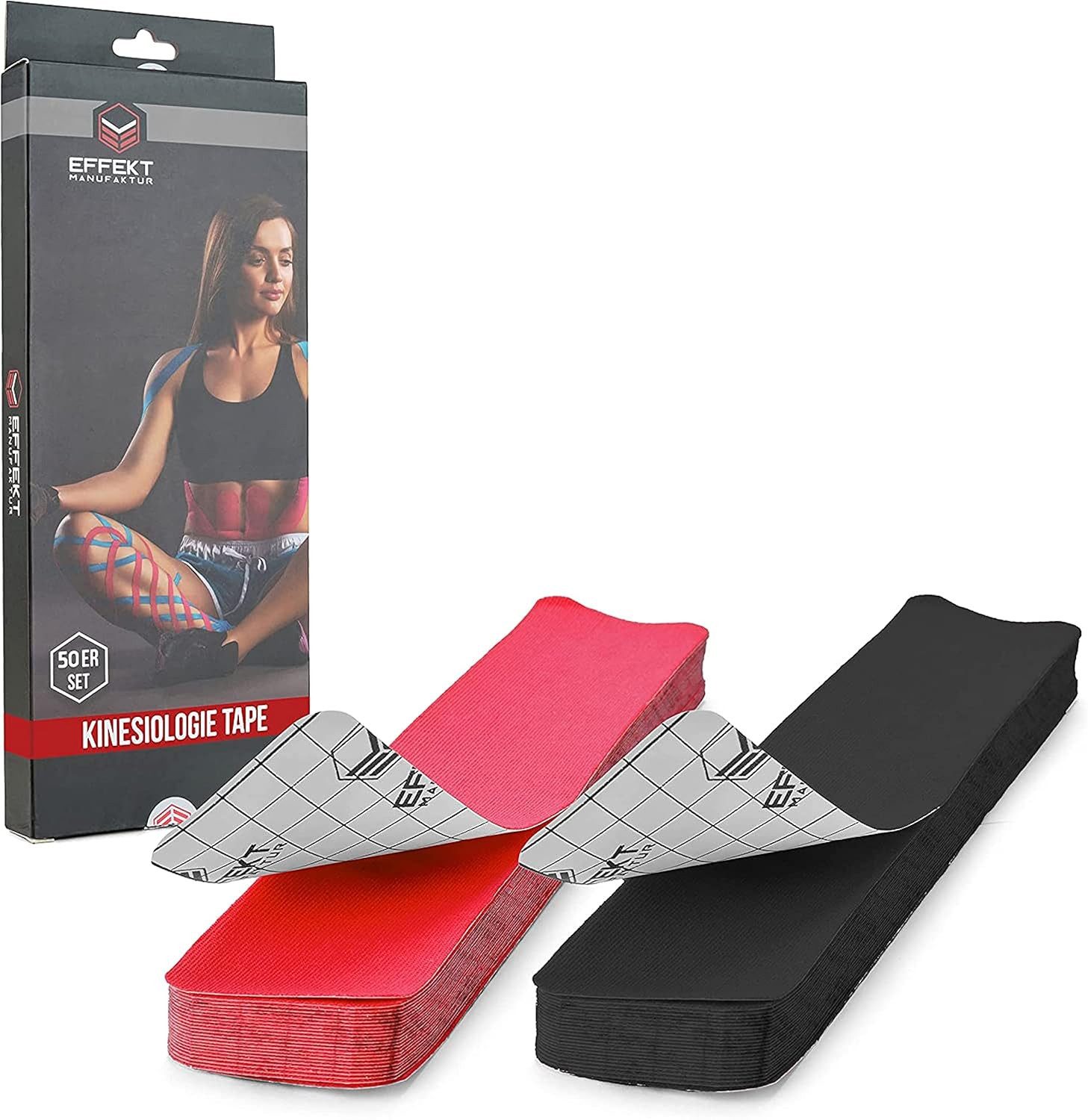 Effekt Manufaktur Kinesiologie-Tape PRECUT 25x5cm - rot/schwarz (2x25 Streifen) (50-St) 50-60 % Dehnbarkeit