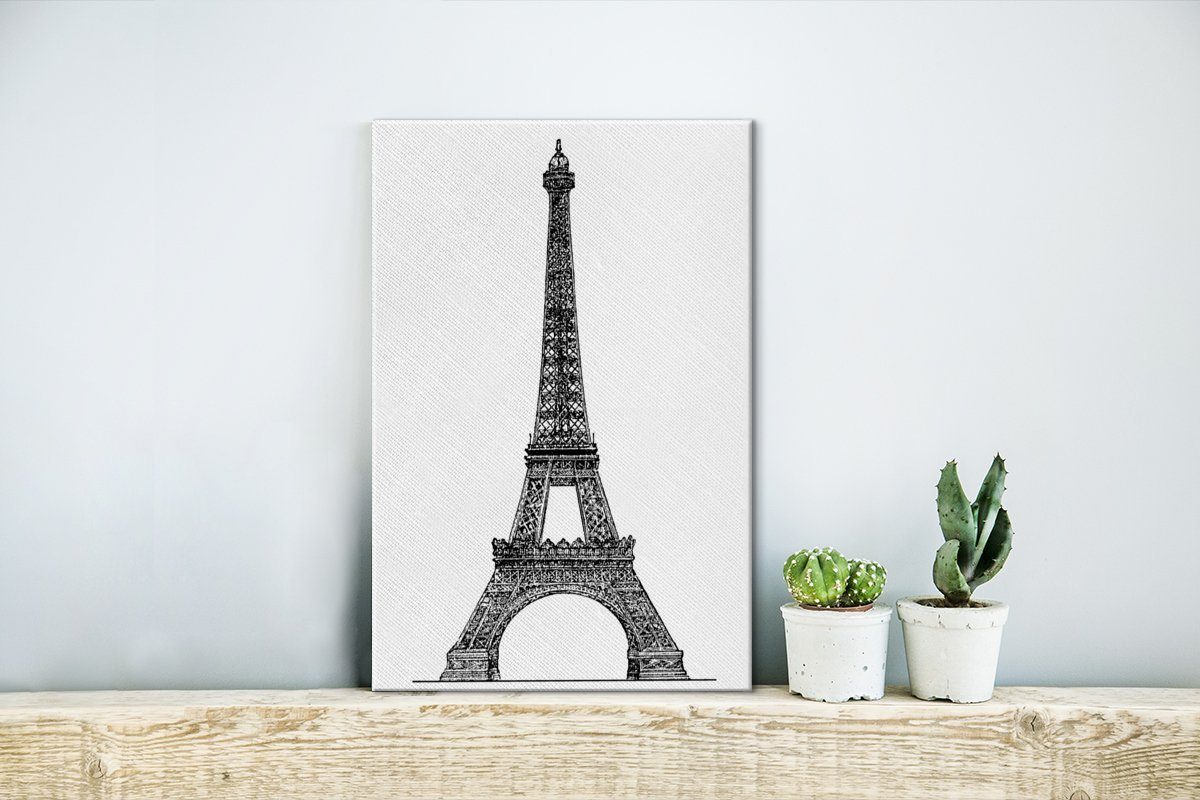 OneMillionCanvasses® Leinwandbild schwarz-weiß, Illustration Gemälde, fertig cm (1 bespannt des Zackenaufhänger, in Eine Eiffelturms 20x30 Leinwandbild St), inkl