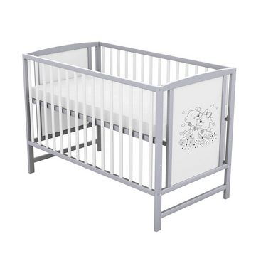 Baby-Delux Babybett Mia, Kinderbett 60x120 cm weiß grau höhenverstellbar, Kiefer Bärchen Motiv